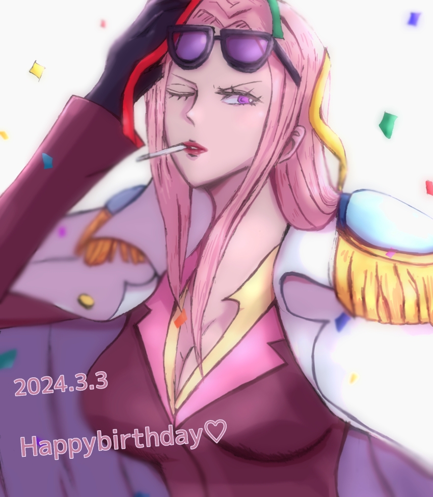 1girl breasts coat coat_on_shoulders eyewear_on_head formal_clothes gloves highres hina_(one_piece) jacket long_hair long_sleeves one_piece pink_hair purple_gloves red_jacket solo suit sunglasses
