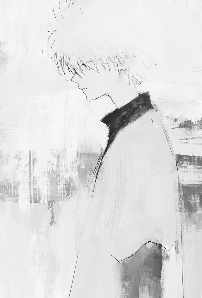 1boy expressionless from_side fuyumurasaki greyscale highres hunter_x_hunter killua_zoldyck male_focus monochrome painterly shirt short_hair solo upper_body white_theme