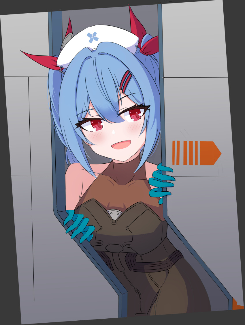 1girl :d absurdres bare_shoulders black_bodysuit blue_gloves blue_hair blush bodysuit braid breasts colphne_(girls&#039;_frontline_2) colphne_(silent_heart)_(girls&#039;_frontline_2) girls&#039;_frontline girls&#039;_frontline_2:_exilium gloves hair_between_eyes hair_ornament hair_ribbon hairclip hands_up happy hat highres indoors leaning_forward looking_at_viewer medium_hair nurse_cap open_mouth opening_door red_eyes red_ribbon ribbon risu_(risu028) small_breasts smile solo twin_braids twintails