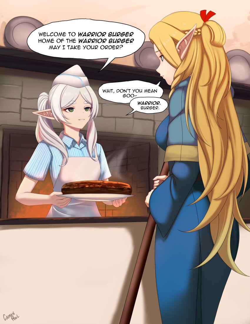 2girls absurdres apron artist_name blonde_hair blue_eyes caiman_pool commentary counter crossover dungeon_meshi elf english_commentary english_text female_focus frieren furnace good_burger green_eyes hamburger_steak highres long_hair marcille_donato multiple_girls pointy_ears robe signature sousou_no_frieren staff trait_connection twintails uniform