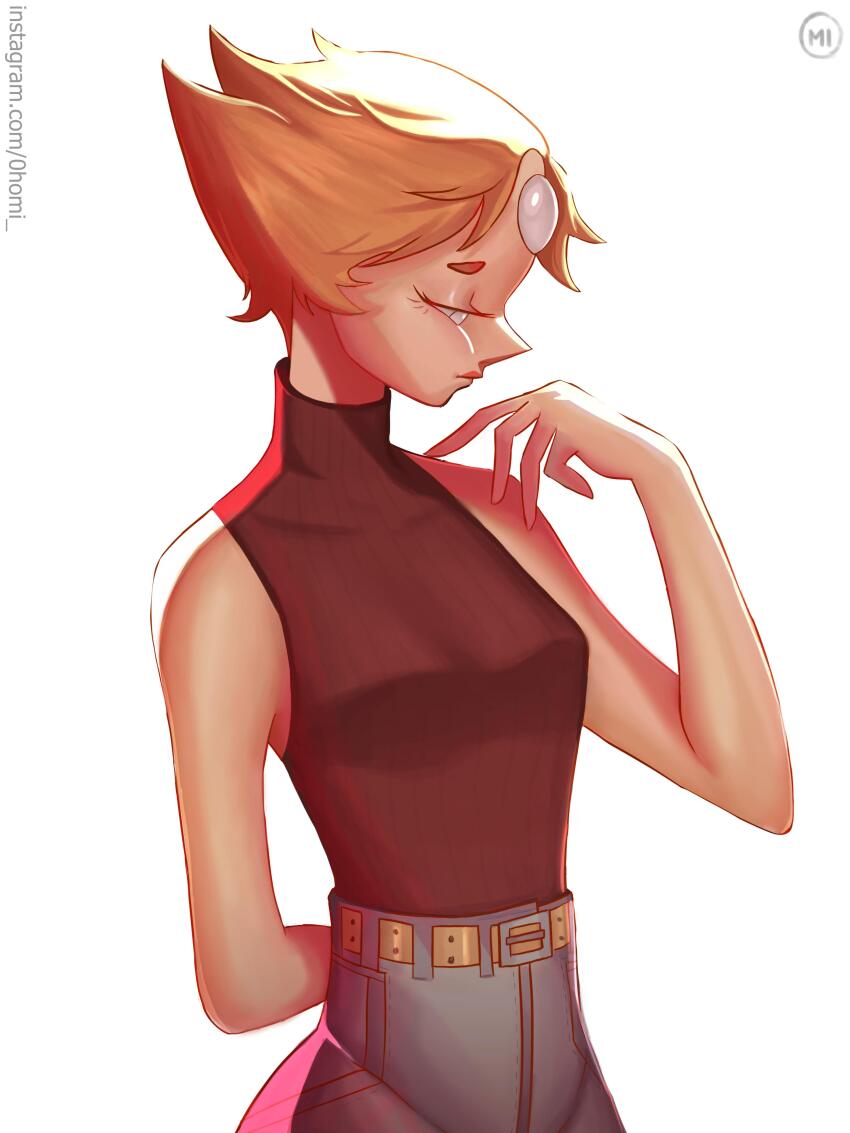 0homi 1girl absurdres arm_behind_back belt breasts brown_belt commentary english_commentary forehead_jewel grey_pants high-waist_pants highres looking_down orange_hair pants pearl_(steven_universe) profile short_hair signature sleeveless sleeveless_turtleneck small_breasts solo steven_universe turtleneck upper_body watermark web_address white_eyes