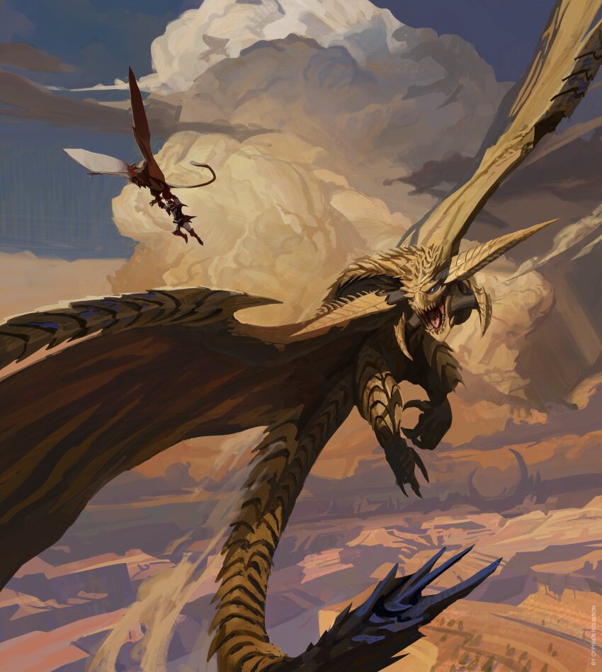 1other absurdres arms_up artist_name baunos blue_eyes canyon cloud cloudy_sky commentary desert dragon dusk dust dust_cloud english_commentary flying hanging highres horns in-universe_location kolzura_art looking_at_another monster monster_focus monster_hunter_(character) monster_hunter_(series) monster_hunter_wilds outdoors rathalos_(armor) rey_dau sky very_wide_shot wyvern yellow_scales