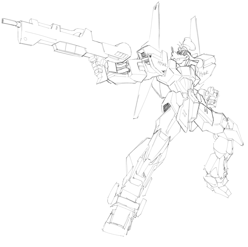 beam_rifle clenched_hand commentary cosmikaizer crossover disney energy_gun english_commentary fusion goofy greyscale gun gundam holding holding_gun holding_weapon hyaku_shiki mecha mickey_mouse_&amp;_friends mobile_suit monochrome pun robot sketch solo sunglasses weapon white_background zeta_gundam