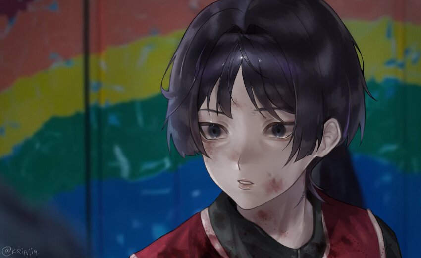 1boy alternate_costume black_eyes black_hair blood blood_on_clothes blood_on_face blood_on_neck blunt_ends blurry blurry_background casual contemporary english_text eyeshadow genshin_impact grey_eyeshadow hair_intakes highres kriniiq looking_past_viewer makeup male_focus multicolored_hair parody purple_hair red_shirt scaramouche_(genshin_impact) scene_reference shirt solo squid_game streaked_hair tearing_up tsurime twitter_username wispy_bangs