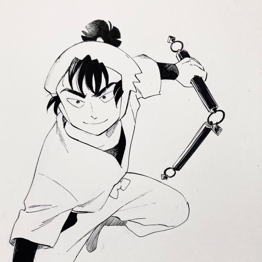 1boy boots bow closed_mouth collarbone foot_out_of_frame greyscale hair_between_eyes hair_through_headwear happy headscarf highres holding holding_nunchaku holding_weapon japanese_clothes kema_tomesaburou kimono layered_sleeves leg_up long_sleeves monochrome nib_pen_(medium) ninja no+bi= nunchaku pants pen_(medium) photo_(medium) ponytail rakudai_ninja_rantarou shirt short_hair short_over_long_sleeves short_ponytail short_sleeves smile solo thick_eyebrows traditional_media v-shaped_eyebrows waist_bow weapon