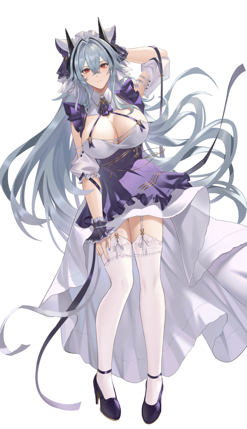 1girl absurdres animal_ears apron azur_lane black_hair black_shoes breasts cheshire_(azur_lane) cheshire_(azur_lane)_(cosplay) cleavage commission cosplay detached_sleeves fake_animal_ears frilled_hairband frilled_ribbon frills full_body garter_straps grey_hair hair_between_eyes hairband hand_in_own_hair high_heels highres kinokoneko kursk_(azur_lane) lace lace-trimmed_thighhighs lace_trim large_breasts long_hair long_ribbon looking_at_viewer maid_headdress multicolored_hair pixiv_commission puffy_detached_sleeves puffy_sleeves purple_apron red_eyes ribbon shoes simple_background solo streaked_hair thighhighs very_long_hair white_background white_garter_straps white_thighhighs wrist_cuffs zettai_ryouiki