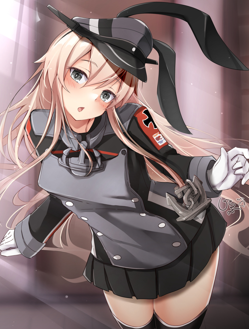 1girl anchor_hair_ornament artist_logo black_skirt blonde_hair buttons chestnut_mouth cosplay cross double-breasted giraffe_(ilconte) gloves grey_eyes hair_ornament hat highres iron_cross kantai_collection logo long_hair looking_at_viewer microskirt military military_hat military_uniform peaked_cap pleated_skirt prinz_eugen_(kancolle) prinz_eugen_(kancolle)_(cosplay) shimakaze_(kancolle) skirt solo white_gloves