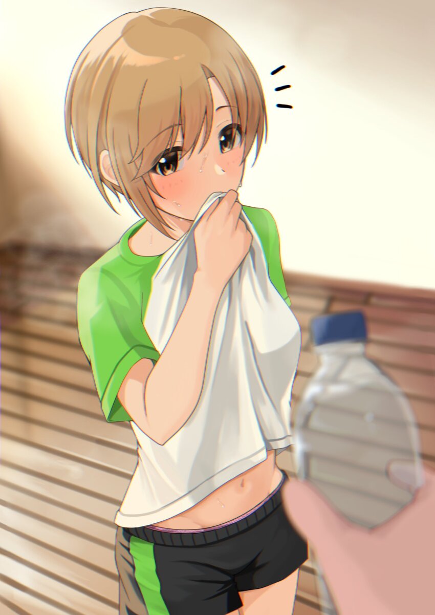 1girl 1other aiba_yumi black_shorts blonde_hair blush bottle brown_eyes cowboy_shot gym_shirt gym_shorts highres holding holding_bottle idolmaster idolmaster_cinderella_girls navel panties panty_peek pink_panties producer_(idolmaster) shirt short_hair shorts steaming_body sweat t-shirt t.r underwear water_bottle wiping_mouth
