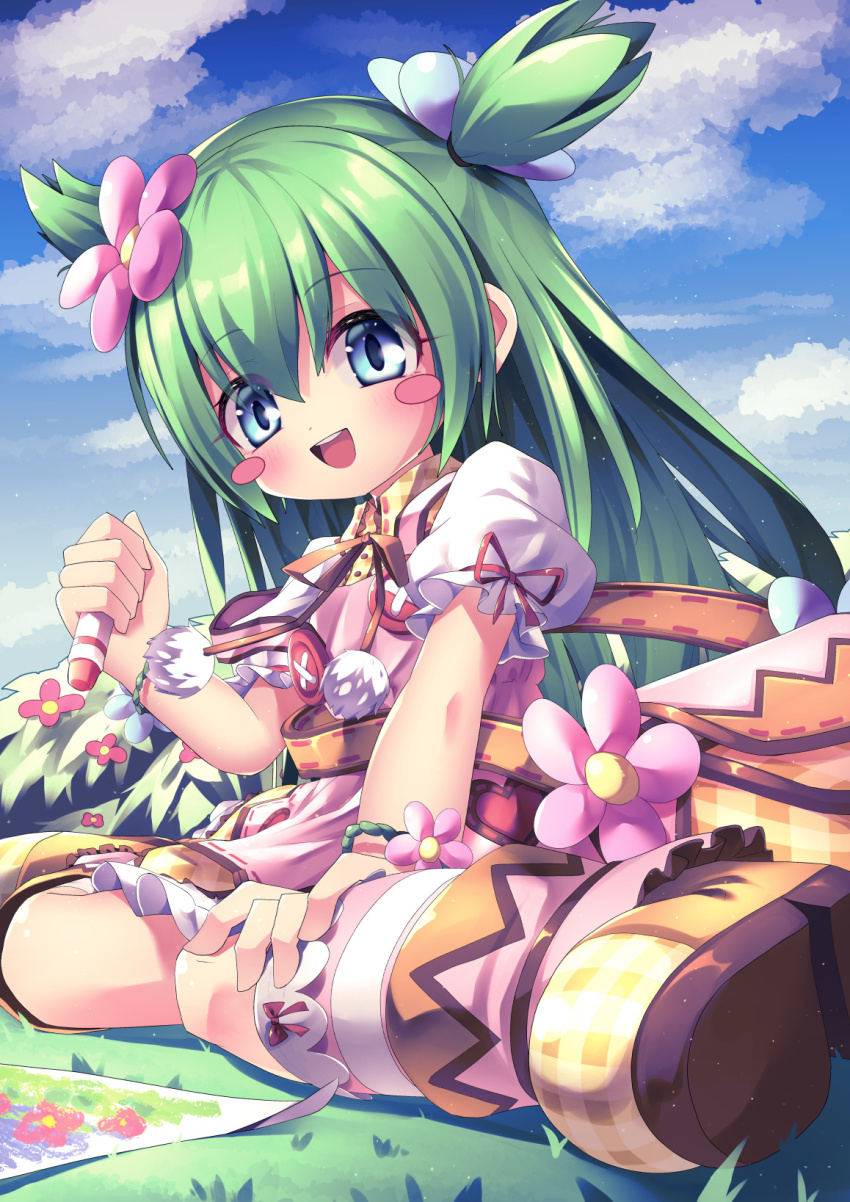 1girl bag blue_eyes blue_sky boots drawing_(action) dress emil_chronicle_online flower frilled_dress frilled_skirt frills green_hair hair_flower hair_ornament highres meadow open_mouth shabotan_alma sitting skirt sky smile two_side_up yupi828