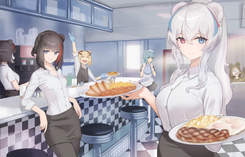 6+girls alternate_costume animal_costume animal_ears apron arknights bear_costume bear_ears beehunter_(arknights) blonde_hair blue_hair brown_hair diner enmaided ev_(dai00888) food fried_egg gloves gummy_(arknights) heterochromia highres holding holding_plate istina_(arknights) leto_(arknights) long_hair maid multicolored_hair multiple_girls pancake pantyhose plate ponytail rosa_(arknights) sausage skirt smile steak streaked_hair tray waitress waving white_hair zima_(arknights)