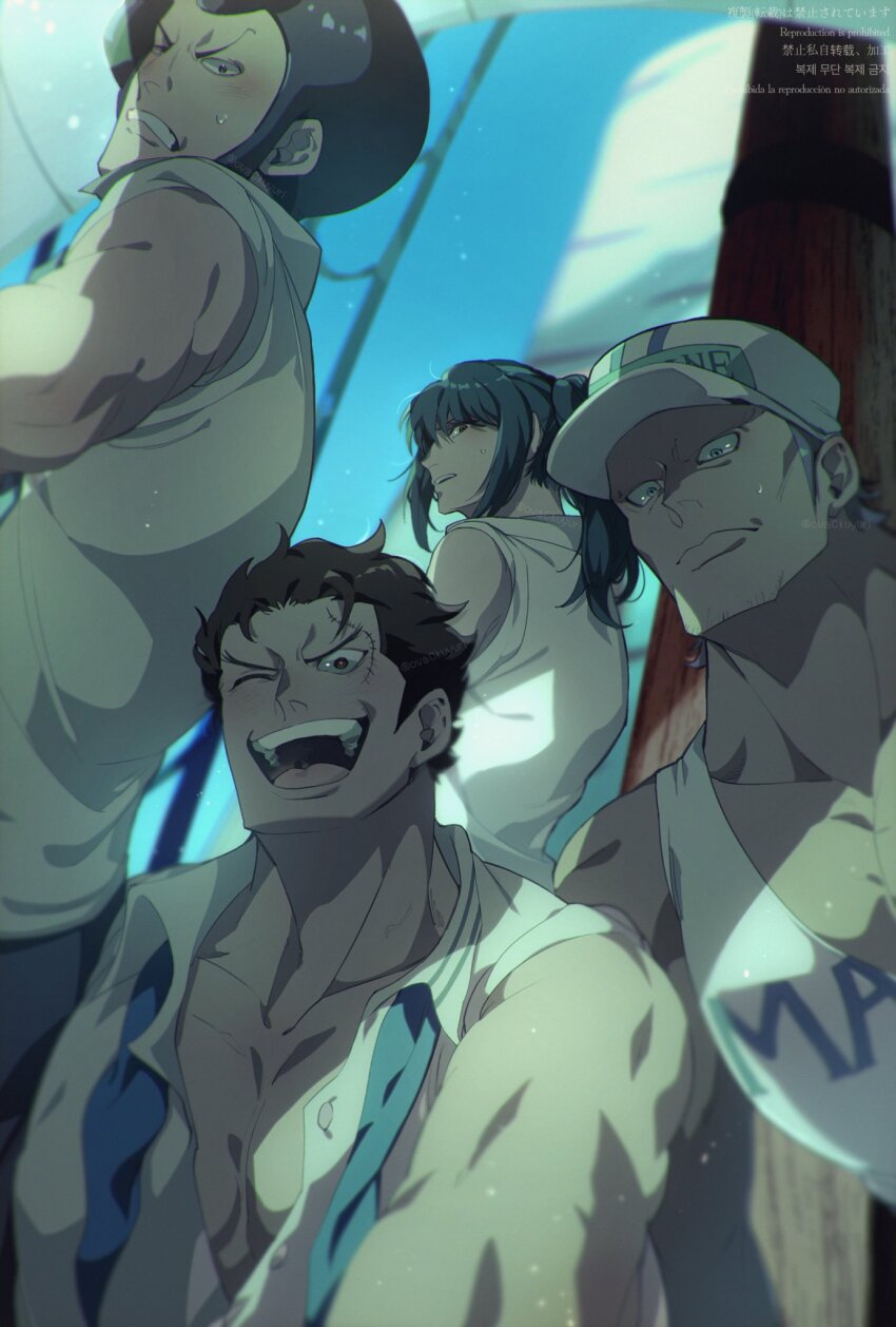1girl 3boys back blue_theme commentary_request highres looking_at_viewer monkey_d._garp multiple_boys one_eye_closed one_piece one_piece_film:_z ovasayuri ponytail profile ratline sengoku_(one_piece) shirt short_hair shroud_(sailing) sideburns sidelocks sky sleeveless sleeveless_shirt tsuru_(one_piece) upper_body white_shirt zephyr_(one_piece)