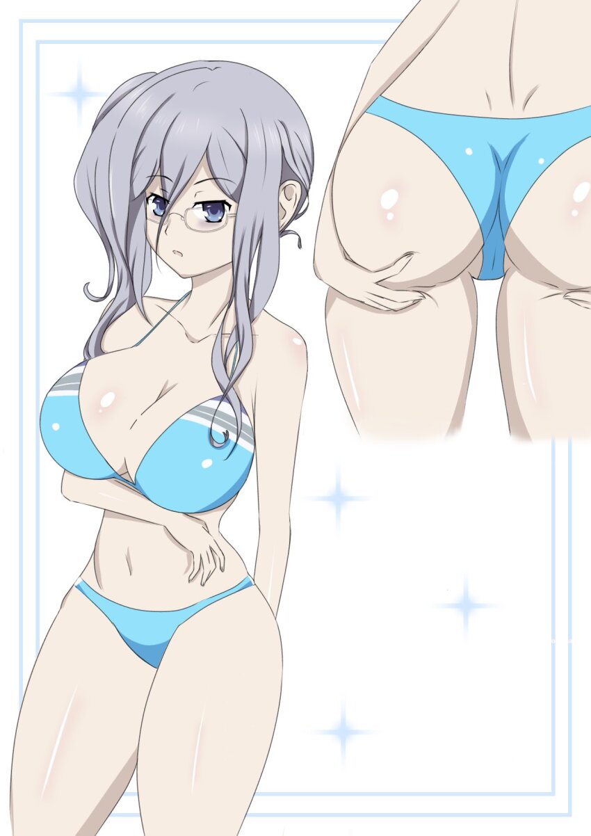 1girl ass ass_focus bikini blue_bikini blue_eyes breasts date_a_live female_focus glasses highres kuro1tanaka murasame_reine purple_hair simple_background solo swimsuit