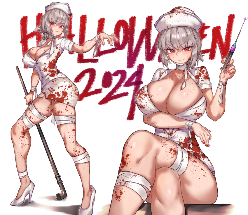 1girl absurdres bandages blood blood_on_clothes blood_on_face blood_on_leg braid braided_ponytail breasts bubble_head_nurse bubble_head_nurse_(cosplay) club_(weapon) cosplay fate/grand_order fate_(series) florence_nightingale_(fate) folded_ponytail full_body grey_hair highres hypodermic_needle large_breasts long_hair looking_at_viewer multiple_views needle nurse pipe radishkek red_eyes silent_hill_(series) smile syringe