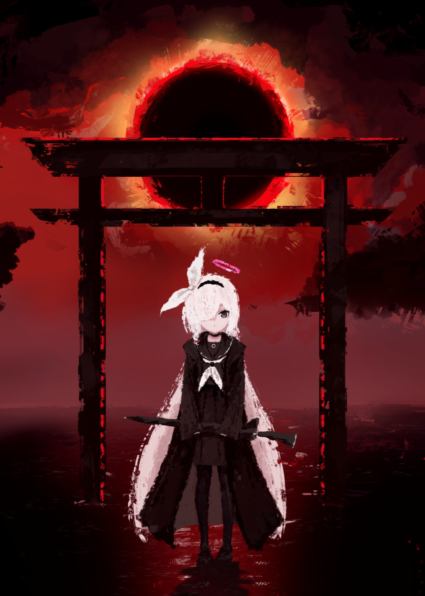 1girl absurdres black_hairband black_jacket black_pantyhose black_sailor_collar black_serafuku black_shoes black_skirt black_sun blue_archive braid closed_mouth expressionless grey_eyes hair_over_one_eye hair_ribbon hairband halo high-waist_skirt highres holding holding_umbrella jacket long_hair looking_at_viewer on_water pantyhose pink_halo plana_(blue_archive) ribbon sailor_collar school_uniform serafuku shoes sidelocks single_braid skirt solo standing standing_on_liquid sun thefatum torii umbrella white_hair white_ribbon