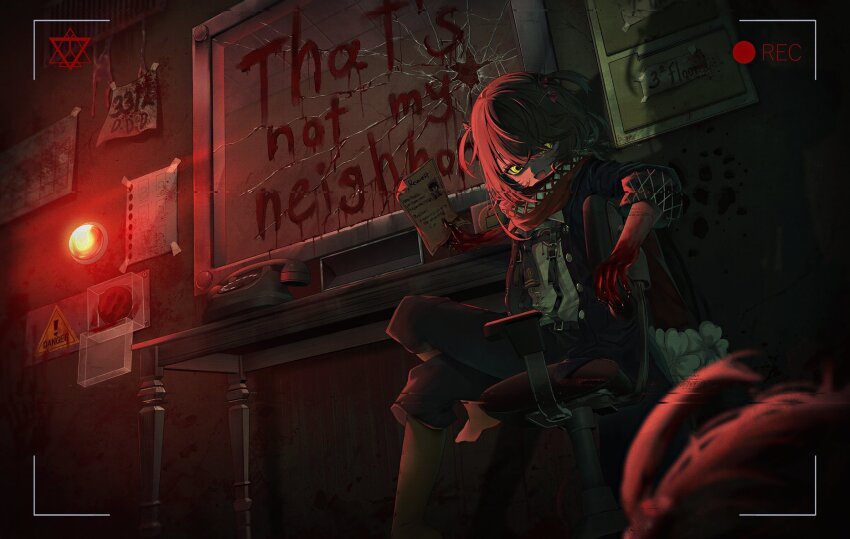 1boy barefoot black_hair blood blood_on_hands bloody_handprints blurry blurry_background broken_glass broken_window collared_shirt commentary crossed_bangs dark english_commentary english_text glass hair_between_eyes handprint highres holding holding_paper indoors looking_at_viewer male_focus mashiro_meme mashiro_meme_(1st_costume) nijisanji open_mouth pants paper phone recording red_scarf scarf shirt two_side_up virtual_youtuber wogyu yellow_eyes