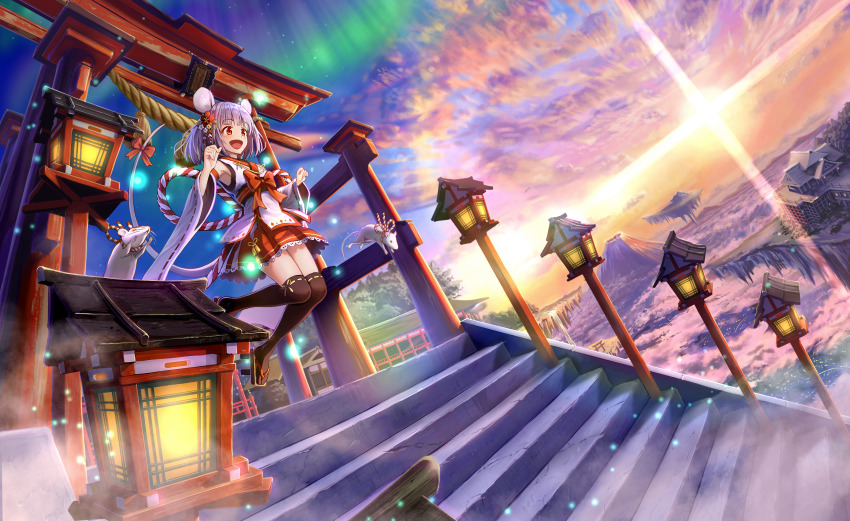 1girl animal_ears aurora black_thighhighs blouse bob_cut bow brown_footwear building chinese_zodiac cloud cloudy_sky commentary_request detached_sleeves dutch_angle floating_island fog geta gradient_sky grey_hair hair_ornament highres japanese_clothes jumping lace lace-trimmed_skirt lace_trim lamppost light_particles macha0331 miniskirt mountain mouse_(animal) mouse_ears mouse_girl mouse_tail new_year open_mouth original outdoors pleated_skirt red_bow red_eyes red_skirt ribbon ribbon-trimmed_legwear ribbon_trim rope scenery shimenawa shirt short_hair skirt sky sleeveless sleeveless_shirt smile solo stairs star_(sky) starry_sky sun sunrise tail tail_ornament tail_ribbon thighhighs torii water waterfall white_shirt wide_sleeves year_of_the_rat