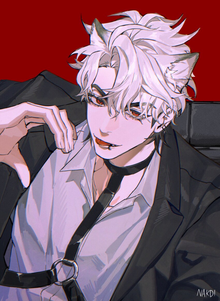 1boy absurdres animal_ears black_jacket chest_harness eunho_(plave) hair_between_eyes half-heart_hands harness highres jacket k-pop lip_piercing looking_at_viewer male_focus nakddidi parted_bangs piercing plave red_background red_eyes shirt short_hair smile solo tongue tongue_out upper_body white_hair white_shirt