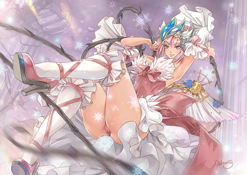 arkuny armpits arms_up breasts cameltoe closed_mouth column commentary commission corset detached_sleeves dress english_commentary feathered_wings frilled_dress frilled_sleeves frilled_socks frills full_body gears grey_eyes high_heels holding holding_whip kneehighs large_breasts official_alternate_costume panties pillar pink_corset pink_hair pink_panties pink_shoes ragnarok_online rock shoes short_hair sleeveless sleeveless_dress smile socks underwear v-shaped_eyebrows wanderer_(ragnarok_online) white_dress white_sleeves white_socks white_wings wide_sleeves wings