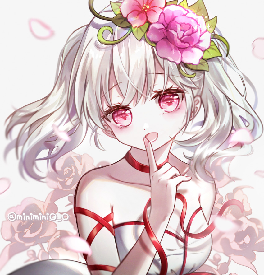 1girl :d bare_shoulders blush breasts character_request choker collarbone commission danby_merong dress finger_to_mouth flower grey_background hair_flower hair_ornament hand_up head_tilt highres looking_at_viewer maplestory medium_breasts open_mouth pink_flower pink_rose red_choker red_eyes red_flower red_ribbon ribbon rose smile solo strapless strapless_dress twintails upper_body white_dress white_hair