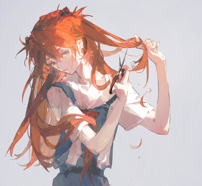 1girl blue_eyes blue_skirt blue_vest brown_hair commentary cutting_hair cutting_own_hair eliza_804 highres holding holding_scissors long_hair neon_genesis_evangelion school_uniform scissors severed_hair shirt short_sleeves skirt solo souryuu_asuka_langley symbol-only_commentary tokyo-3_middle_school_uniform vest white_shirt