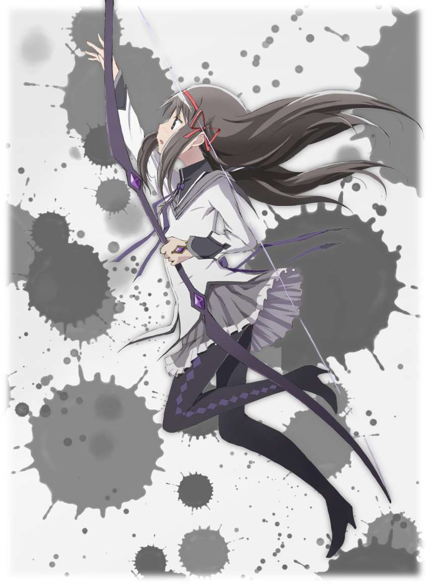 1girl akemi_homura akemi_homura_(magical_girl) aoki_ume_(style) argyle_clothes argyle_footwear arm_up back_bow black_boots black_capelet black_hair boots border bow bow_(weapon) capelet collared_capelet commentary_request dress floating_clothes floating_hair frilled_skirt frills from_side full_body gem grey_background grey_capelet grey_skirt hair_ribbon hairband hand_jewel high_collar high_heel_boots high_heels highres holding holding_bow_(weapon) holding_weapon ink ink_splatter kinfuji layered_sleeves long_hair long_sleeves magical_girl mahou_shoujo_madoka_magica mahou_shoujo_madoka_magica_(anime) miniskirt neck_ribbon official_style open_mouth pantyhose partial_commentary pleated_skirt pointy_nose purple_bow purple_eyes purple_gemstone purple_ribbon red_hairband red_ribbon ribbon short_dress skirt skirt_under_dress solo two-tone_capelet very_long_hair weapon white_border white_dress