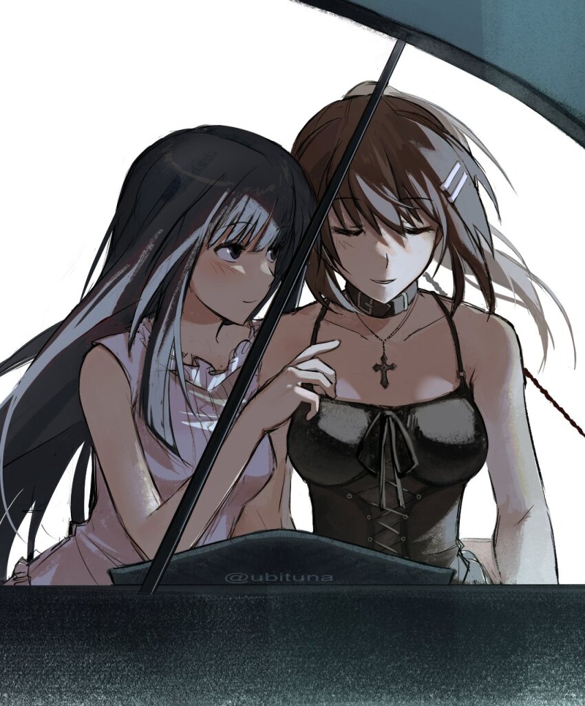 2girls belt_collar black_dress black_eyes black_hair brown_hair closed_mouth collar collarbone cross cross_necklace dress facing_viewer floating_hair frills hair_between_eyes hair_ornament hairclip high_ponytail highres instrument jewelry light_blush long_hair looking_at_another minakami_yuki multiple_girls music necklace parallel_hairclips parted_lips piano playing_instrument playing_piano ponytail simple_background sitting sleeveless sleeveless_dress smile straight_hair subarashiki_hibi takashima_zakuro tassel tassel_hair_ornament twitter_username white_background white_dress yan_(ubituna)