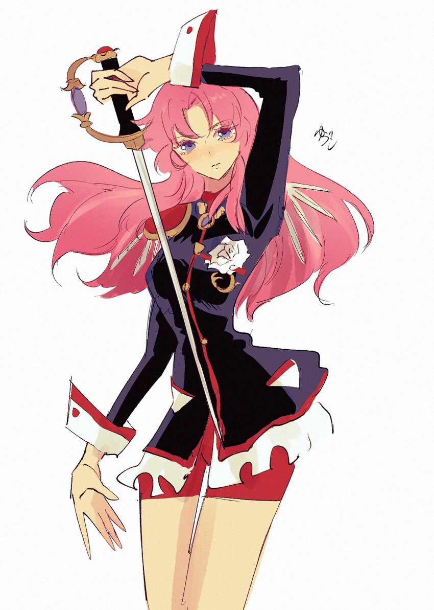 1girl arm_up black_jacket blue_eyes hashtag-only_commentary highres holding holding_sword holding_weapon jacket long_hair long_sleeves pink_hair red_shorts shorts shoujo_kakumei_utena simple_background solo sword sword_of_dios tenjou_utena weapon white_background white_sleeve_cuffs yuruzuko