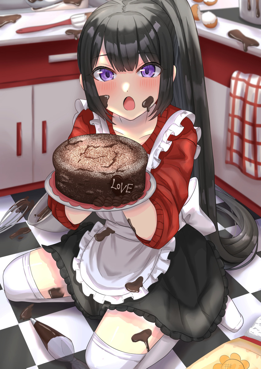 1girl :o absurdres apron back_bow black_hair blush bow bowl cake checkered_floor chocolate chocolate_cake chocolate_on_body chocolate_on_clothes chocolate_on_face egg_(food) flour food food_on_body food_on_clothes food_on_face frills highres holding holding_plate indoors kitchen long_hair looking_at_viewer ma0rock messy on_floor open_mouth original pastry_bag plate ponytail powdered_sugar purple_eyes sitting skirt solo spatula sweater thighhighs tile_floor tiles very_long_hair wariza whisk