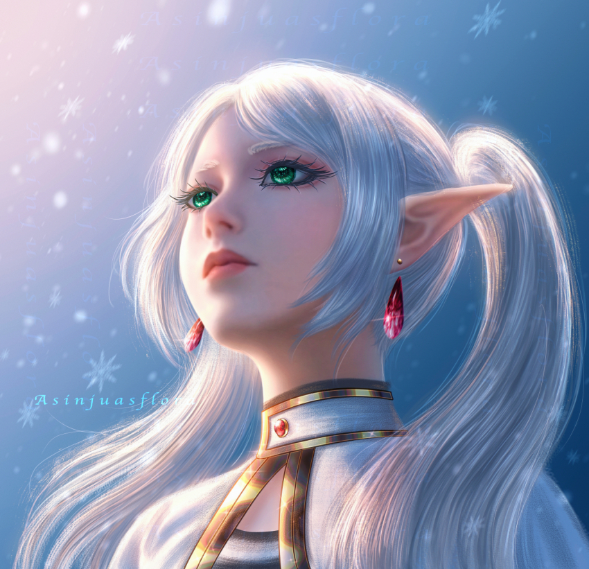 1girl artist_name asinjuasflora capelet closed_mouth commentary commission earrings elf english_commentary frieren green_eyes highres jewelry lips long_hair meme parted_bangs parted_lips pointy_ears snowflakes solo sousou_no_frieren teardrop_earrings twintails upward_angle_frieren_drawing_(meme) white_capelet white_hair