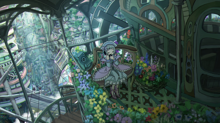 1girl absurdly_detailed_composition absurdres anbiyori bow chair commentary_request complex_exterior dress fantasy garden green_dress highres long_sleeves original outdoors phone pink_bow pink_shawl plant pole shawl short_hair sitting slice_of_life smile solo stairs talking_on_phone water_wheel windmill
