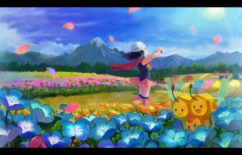 1girl beanie black_hair black_shirt black_socks blue_flower boots building cloud combee commentary_request dawn_(pokemon) day floating_hair floating_scarf flower flypopo gen_4_pokemon hat highres kneehighs letterboxed long_hair mountain nintendo outdoors petals pink_boots pink_skirt pokemon pokemon_(creature) pokemon_dppt red_scarf scarf scenery shirt skirt sky sleeveless sleeveless_shirt socks standing sun white_headwear