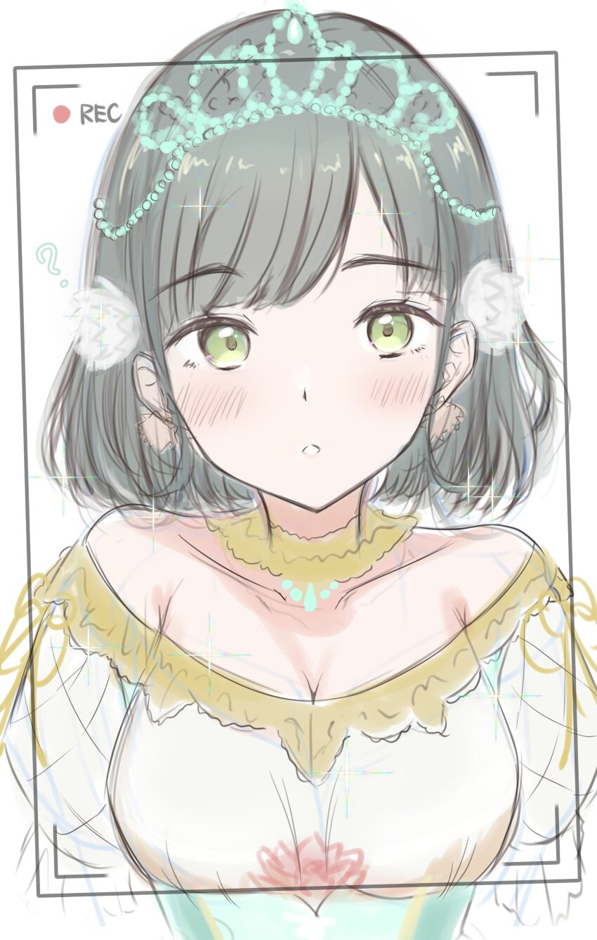 1girl ? absurdres bare_shoulders black_hair blunt_bangs blunt_ends blush bob_cut breasts cleavage collarbone commentary_request dress green_eyes highres iroha_(nami3) link!_like!_love_live! love_live! medium_breasts momose_ginko momose_ginko_(kiseki_no_butoukai_(104th)) off-shoulder_dress off_shoulder official_alternate_costume parted_lips recording short_hair simple_background solo upper_body viewfinder virtual_youtuber white_background white_dress