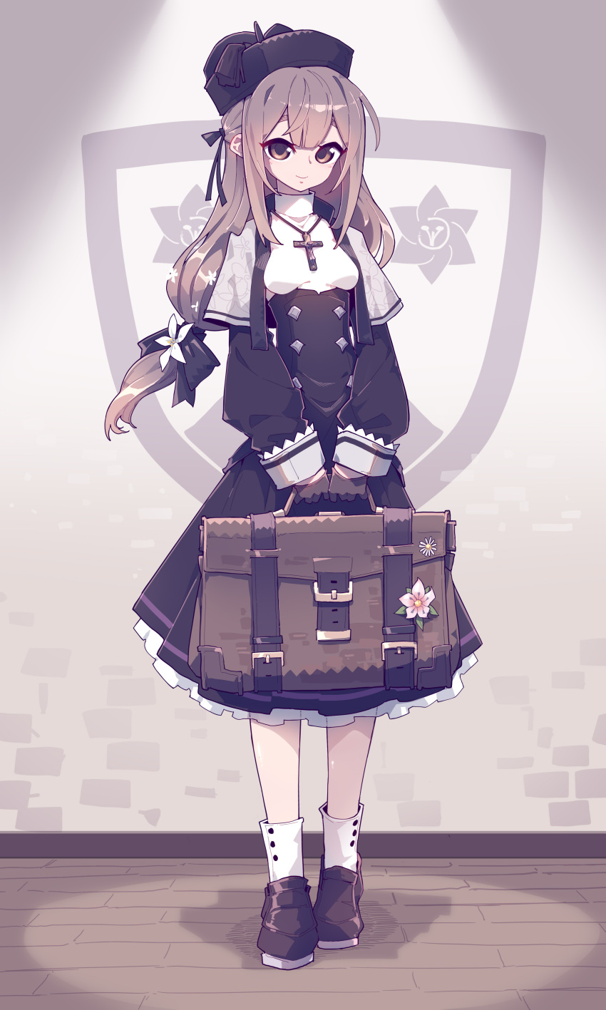 1girl absurdres bag black_ribbon boots breasts brown_eyes brown_gloves brown_hair cross cross_necklace dress frilled_cuffs frilled_dress frills gloves hat highres imazawa indoors jewelry long_hair looking_at_viewer necklace nun original ribbon small_breasts smile solo standing very_long_hair