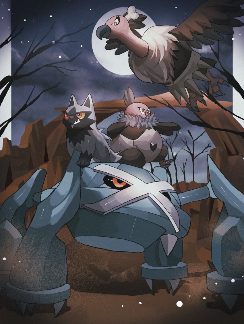 absurdres bare_tree beak bird claws cloud colored_sclera commentary_request flying full_moon gen_3_pokemon gen_5_pokemon highres mandibuzz metagross moon night night_sky nintendo no_humans outdoors pokemon pokemon_(creature) poochyena red_eyes reo_(mmocc123) sharp_teeth sky talons teeth tree vullaby vulture wings yellow_sclera