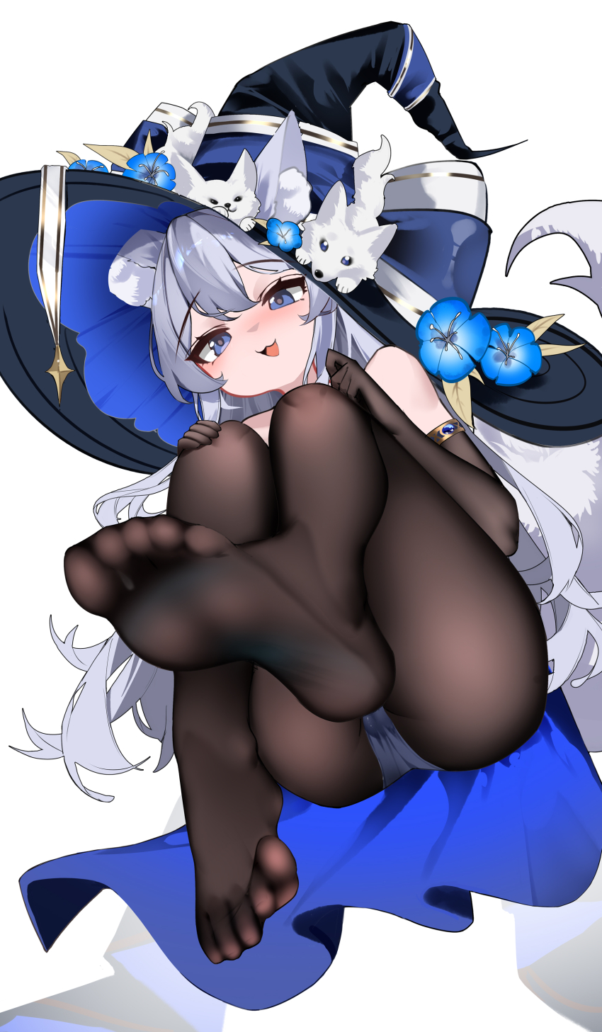1girl :3 absurdres animal animal_ear_fluff animal_ears animal_on_head armlet ass bare_shoulders black_hat blue_eyes blue_hair blue_hat blue_leotard brown_gloves brown_pantyhose chinese_commentary commentary_request commission covered_pussy elbow_gloves feet foot_focus from_below full_body gloves gold_armlet grey_hair hair_between_eyes hat highres jewelry large_hat legs leotard long_hair looking_at_viewer multicolored_hat no_shoes on_head open_mouth original pantyhose shenmi_de_xigua simple_background soles solo thighs toes white_background white_hat