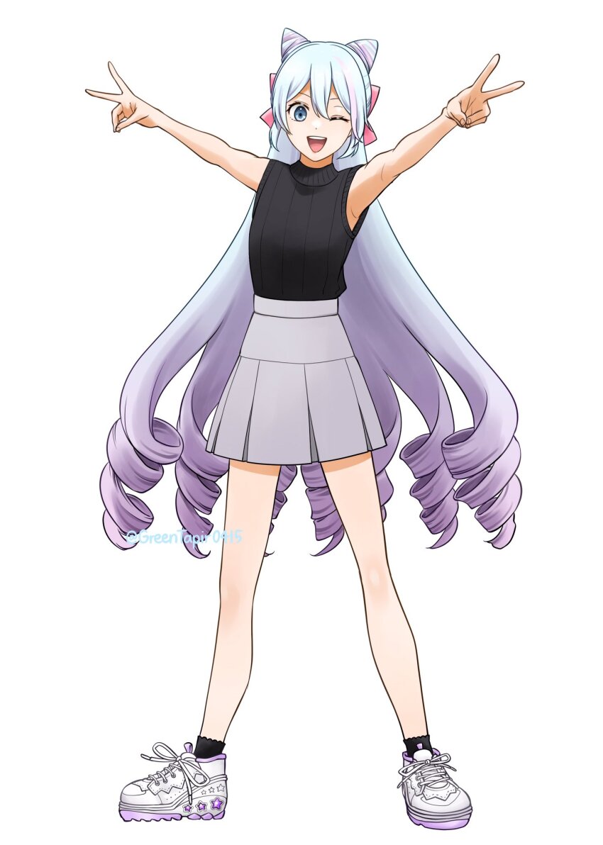 1boy bare_arms bare_legs bare_shoulders black_socks blue_eyes blue_hair commentary_request cone_hair_bun drill_hair fire_emblem fire_emblem_engage full_body gradient_hair grey_skirt hair_bun highres long_hair looking_at_viewer male_focus midori_no_baku miniskirt multicolored_hair nintendo purple_hair ribbed_shirt rosado_(fire_emblem) shirt shoes simple_background skirt sleeveless sleeveless_shirt sneakers socks solo standing trap very_long_hair white_background white_shoes