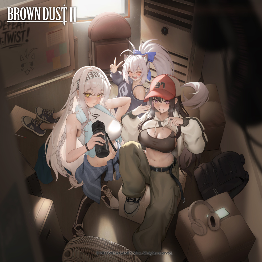 3girls absurdres antenna_hair arc2urus armpits backpack bag baseball_cap belt black_bag black_hair black_pants blue_ribbon blue_sweater blurry blurry_foreground blush bottle braid breasts brown_dust_(series) brown_dust_2 brown_shirt cargo_pants cellphone circuit_board_print cleavage clenched_teeth closed_eyes clothes_around_waist clothes_lift copyright_name crop_top electric_fan english_flag facial_tattoo from_above granhildr_(brown_dust) green_pants gym_storeroom gym_uniform hair_ribbon hand_on_own_hip hat headphones heart heart_antenna_hair heart_tattoo highres jacket jacket_lift large_breasts lifting_own_clothes long_hair looking_at_viewer multiple_girls navel official_art open_mouth pants phone ponytail purple_eyes ribbon shirt shoes sitting smartphone smile sneakers steaming_body stomach sweater sweater_around_waist tattoo teeth towel towel_around_neck v ventana_(brown_dust) very_long_hair water_bottle white_hair white_jacket yellow_eyes yuri_(brown_dust)