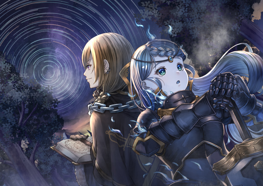 1boy 1girl absurdres armor back-to-back black_armor black_capelet blonde_hair book braid capelet chain circlet fur-trimmed_sleeves fur_trim gauntlets grey_hair hair_ornament highres long_hair necromancer night night_sky open_book original outdoors sky star_(sky) sword tree weapon yakkuro