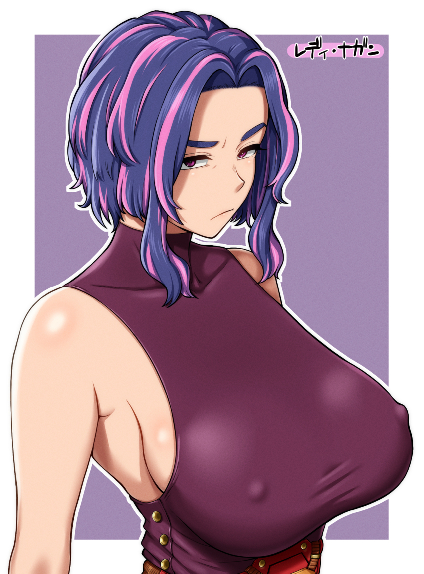 1girl blue_hair boku_no_hero_academia breasts character_name closed_mouth collarbone commentary covered_erect_nipples disgust forehead from_side frown highres lady_nagant large_breasts looking_at_viewer metal_man10 multicolored_hair no_bra outline parted_bangs pink_hair purple_background purple_shirt raised_eyebrow red_eyes shirt short_hair sideboob sidelocks simple_background sleeveless sleeveless_shirt solo streaked_hair taut_clothes taut_shirt translated turtleneck two-tone_hair upper_body