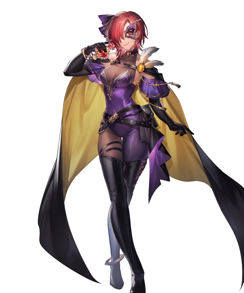 1girl artist_request belt black_gloves black_legwear boots bottle breasts cape elbow_gloves female_focus fire_emblem fire_emblem:_the_blazing_blade fire_emblem_heroes full_body gloves gold_trim hair_ornament highres holding holding_bottle leila_(fire_emblem) leila_(thief)_(fire_emblem) mask matching_hair/eyes medium_breasts mole mole_under_mouth multiple_belts nintendo non-web_source official_art perfume_bottle red_eyes red_hair skin_tight solo standing thigh_boots transparent_background
