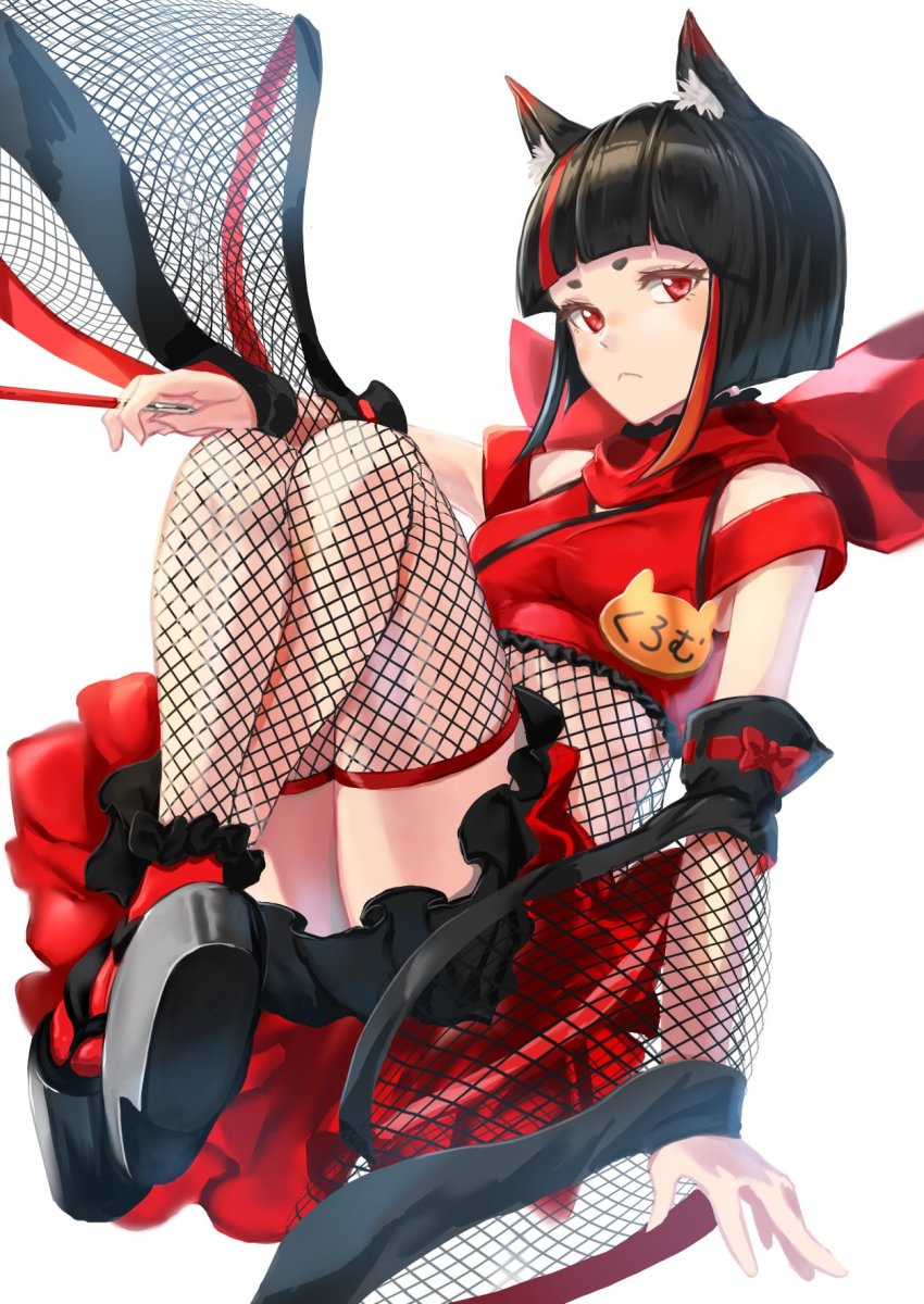 1girl animal_ears animare black_hair cat_ears highres inari_kuromu nanashi_inc. red_eyes sankyo_(821-scoville) simple_background solo virtual_youtuber white_background