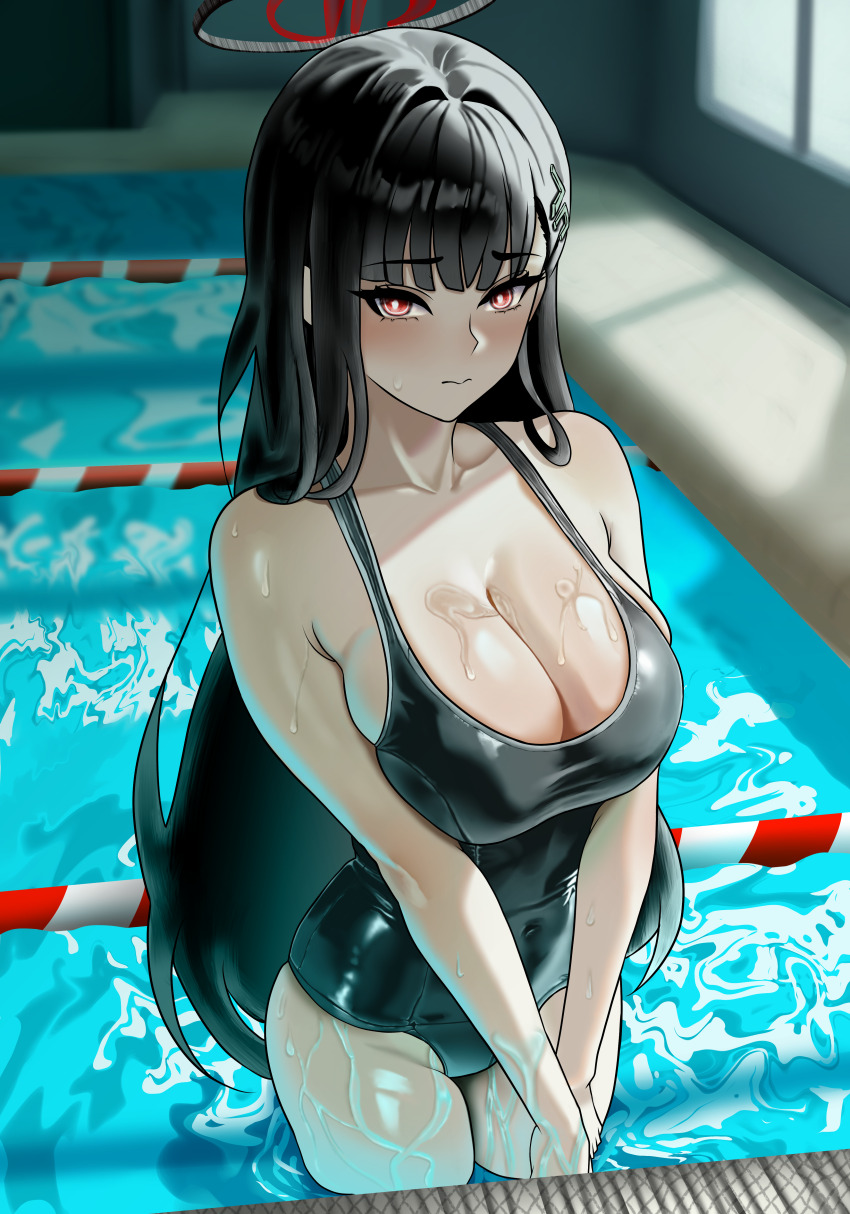 1girl absurdres alternate_breast_size bare_shoulders black_hair blue_archive blush breasts cleavage closed_mouth collarbone commentary covered_navel dripping eyelashes highres indoors large_breasts long_hair looking_at_viewer one-piece_swimsuit own_hands_together red_eyes rio_(blue_archive) ripples school_swimsuit shani_taiwo shy sidelighting skindentation solo standing swimsuit very_long_hair water window
