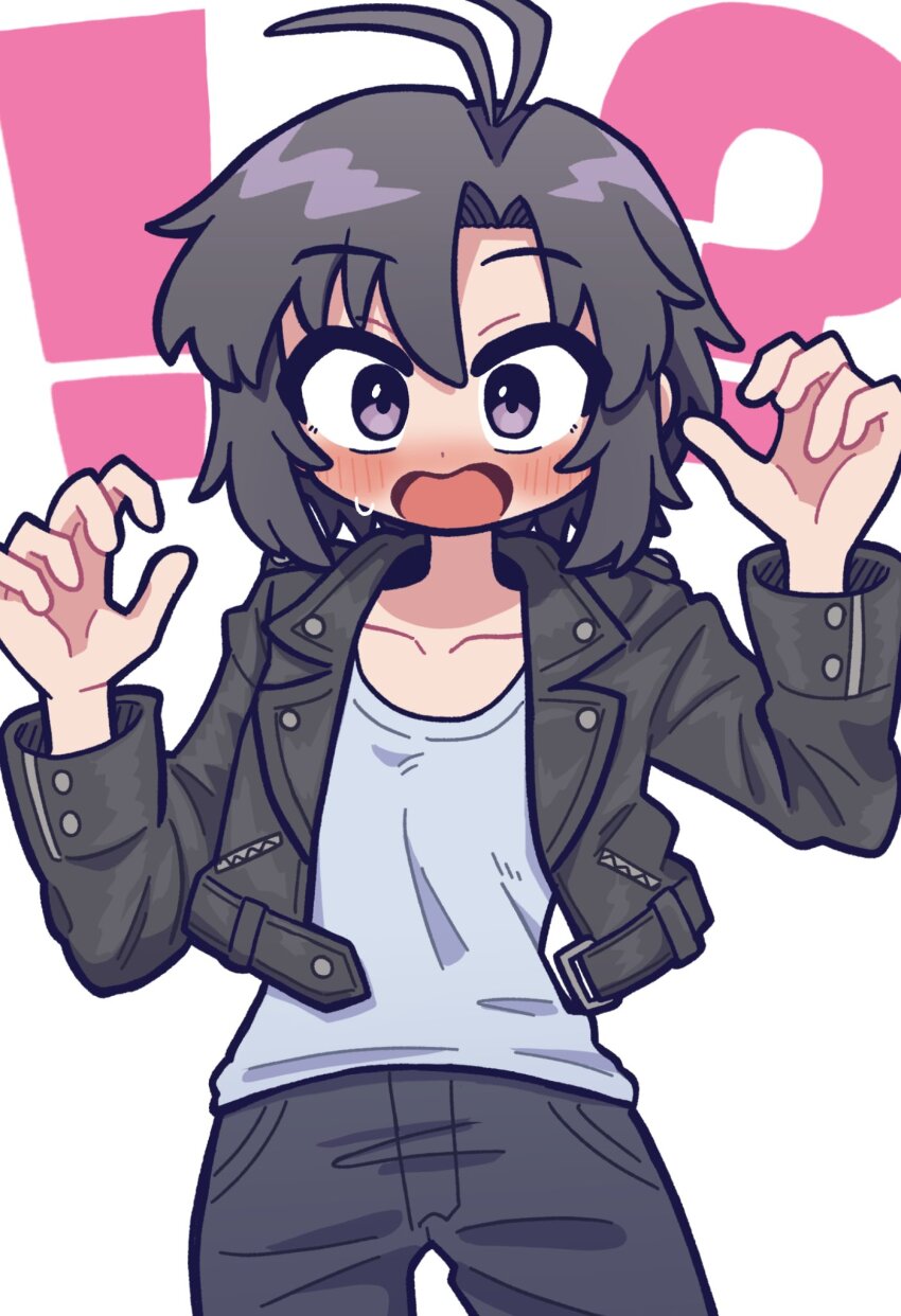 !? 1girl antenna_hair black_hair black_jacket black_pants blush cowboy_shot deformed fis_(t83192933) grey_shirt hands_up highres idolmaster idolmaster_(classic) jacket kikuchi_makoto leather leather_jacket long_sleeves looking_at_viewer open_clothes open_jacket open_mouth pants shirt short_hair simple_background solo standing surprised white_background