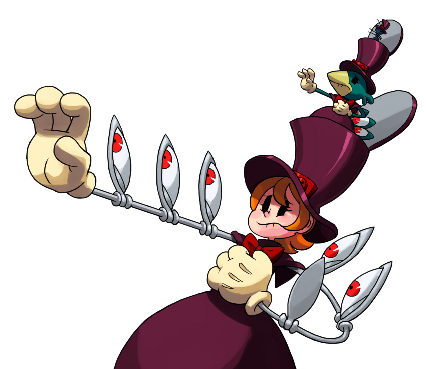 1girl ant avery_(skullgirls) bug cyborg dress frown gloves hat highres insect meme orange_hair outta_sync peacock_(skullgirls) red_eyes short_hair skullgirls solo top_hat transparent_background