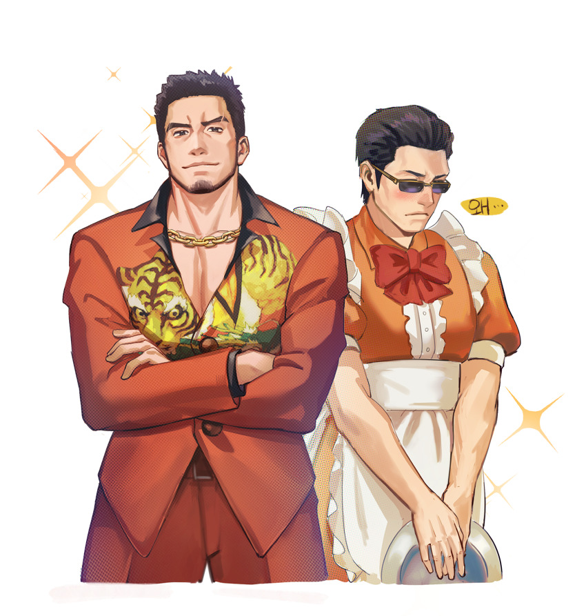 2boys ace_attorney alternate_costume animal_print averting_eyes bara beard blush chain chain_necklace cosplay cropped_legs crossdressing crossed_arms enmaided eyebrow_cut facial_hair formal_clothes furio_tigre furio_tigre_(cosplay) higashi_tooru highres jacket jewelry judge_eyes kaito_masaharu large_pectorals long_sideburns looking_at_viewer maid male_focus male_maid mature_male multiple_boys muscular muscular_male necklace pectoral_cleavage pectorals phoenix_wright:_ace_attorney_-_trials_and_tribulations print_jacket red_suit ryuu_ga_gotoku_(series) sdz_(inazuma) short_hair shy sideburns smile sparkle sparkle_background suit sunglasses thick_eyebrows tiger_print translation_request