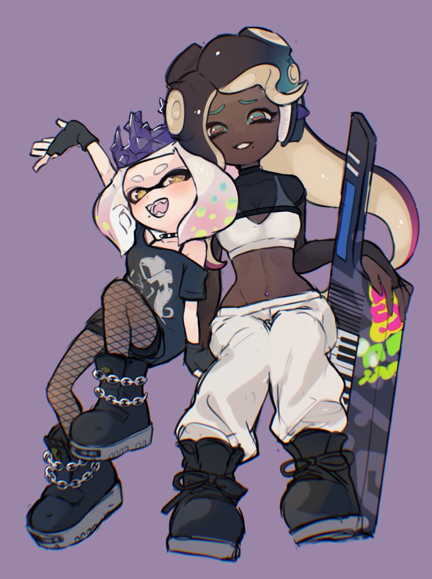 2girls :d absurdres arm_support arm_up black_collar black_footwear black_gloves black_pantyhose black_shirt black_shorts black_shrug blue_eyes blue_hair boots bra bra_strap breasts brown_hair cephalopod_eyes chain cleavage collar crown dark-skinned_female dark_skin fangs fingerless_gloves fishnet_pantyhose fishnets full_body furrowed_brow gloves gradient_hair grin groin headphones highres holding holding_instrument inkling instrument invisible_chair keytar long_hair looking_at_viewer marina_(splatoon) marina_(springfest)_(splatoon) medium_hair midriff mole mole_under_mouth multicolored_hair multiple_girls navel_piercing nintendo octoling oekk_8 off-shoulder_shirt off_shoulder official_alternate_costume open_mouth orange_eyes pants pantyhose pearl_(splatoon) pearl_(springfest)_(splatoon) piercing purple_background red_pupils see-through_shrug shirt short_sleeves shorts shrug_(clothing) sitting small_breasts smile spiked_collar spikes splatoon_(series) splatoon_3 star-shaped_pupils star_(symbol) suction_cups symbol-shaped_pupils tentacle_hair two-tone_hair underwear white_bra white_hair white_pants yellow_pupils
