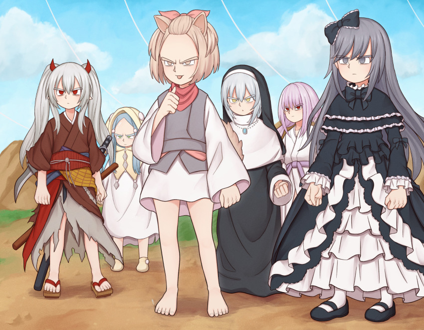 6+girls animal_ears ash_blossom_&amp;_joyous_spring atorie barefoot blue_hair blue_sky bow brown_eyes called_by_the_grave clenched_hands cloud crossover day demon_horns dog_ears dog_girl dog_tail dragon_ball dragonball_z dress duel_monster frown ghost_belle_&amp;_haunted_mansion ghost_mourner_&amp;_moonlit_chill ghost_ogre_&amp;_snow_rabbit ghost_reaper_&amp;_winter_cherries ghost_sister_&amp;_spooky_dogwood green_eyes grey_eyes grey_hair hair_bow highres hood horns japanese_clothes jewelry katana kimono light_brown_hair long_hair multiple_girls necklace nun outdoors pointing pointing_at_self purple_hair red_eyes sandals shoes short_hair sky sword tail toes tongue tongue_out toriyama_akira_(style) torn_clothes weapon yellow_eyes yu-gi-oh!