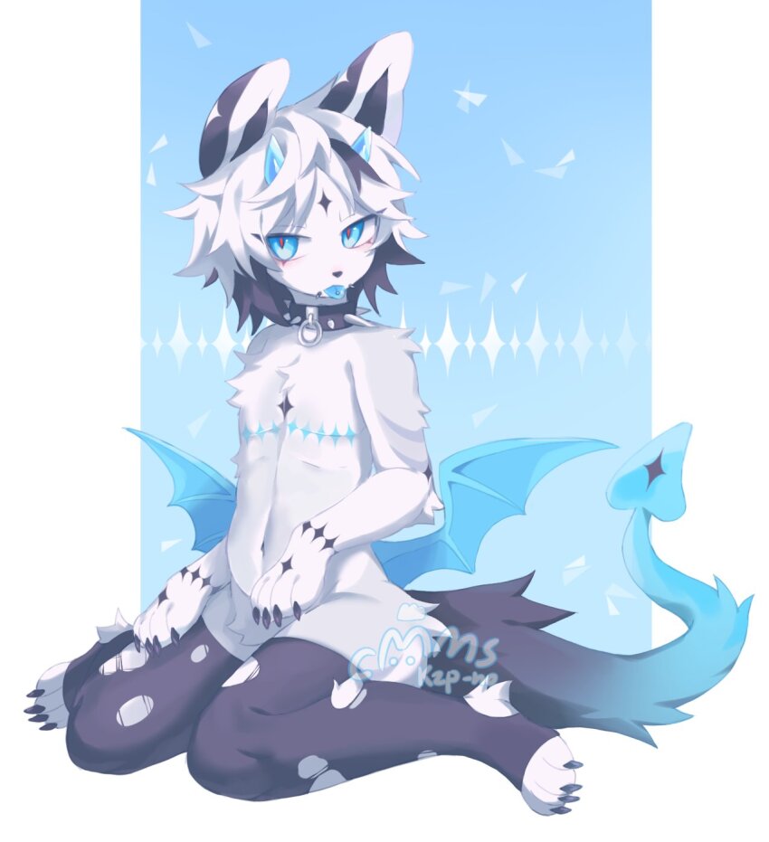 1boy androgynous animal_ears animal_feet animal_hands black_hair black_thighhighs blue_background blue_eyes blue_horns blue_tail blue_tongue border claws collar colored_tongue commentary commission demon_boy demon_horns demon_tail demon_wings digitigrade english_commentary furry furry_male gender_transitioning highres horns looking_at_viewer male_focus mastectomy_scar multicolored_hair neku_boo nude original red_pupils scar scar_on_chest short_hair simple_background sitting solo spiked_collar spikes tail thighhighs tongue tongue_out torn_clothes torn_thighhighs two-tone_hair wariza white_border white_hair wings