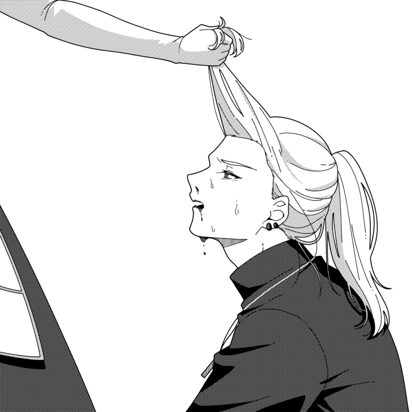 1boy 1girl archetype_earth arcueid_brunestud blood blood_on_face blood_on_mouth cross cross_necklace dress earrings elbow_gloves from_side gloves grabbing_another&#039;s_hair highres jewelry long_hair looking_at_another michael_roa_valdamjong michael_roa_valdamjong_(human) monochrome necklace ponytail priest shirt sweat sweatdrop tsukihime type-moon upper_body white_dress white_shirt yukinari_kakuri