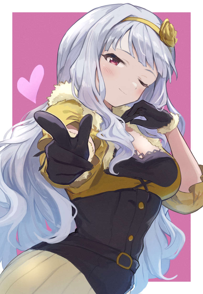 1girl absurdres bang_(gesture) belt black_belt black_gloves black_jacket blush border breasts brown_skirt cleavage cleavage_cutout clothing_cutout commentary finger_gun flower fur-trimmed_jacket fur_trim gloves hair_flower hair_intakes hair_ornament headband heart highres idolmaster jacket long_hair looking_at_viewer medium_breasts multicolored_jacket one_eye_closed purple_background red_eyes ribbed_skirt shijou_takane short_sleeves shuucream_(syuichi) skirt smile solo standing two-tone_jacket upper_body very_long_hair white_border white_hair yellow_headband yellow_jacket